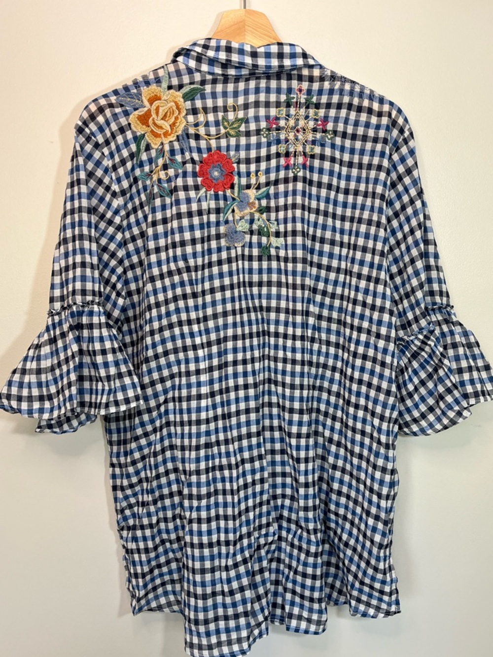 Johnny Was Blue Gingham Embroidered Peasant Tunic - Picture 6 of 12